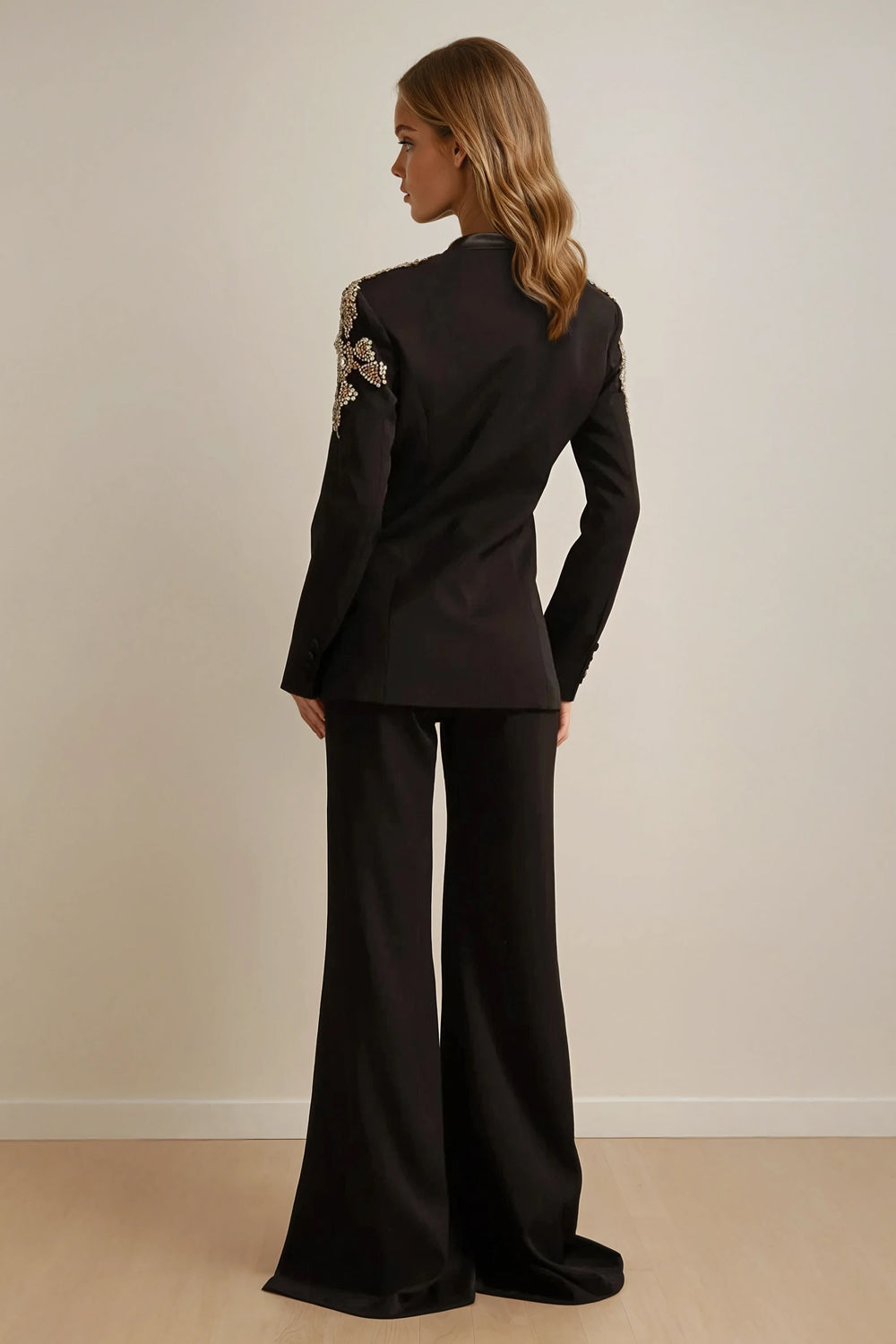 Two-Piece Set with Embellished Blazer and Slit Wide-Leg Pants - Black