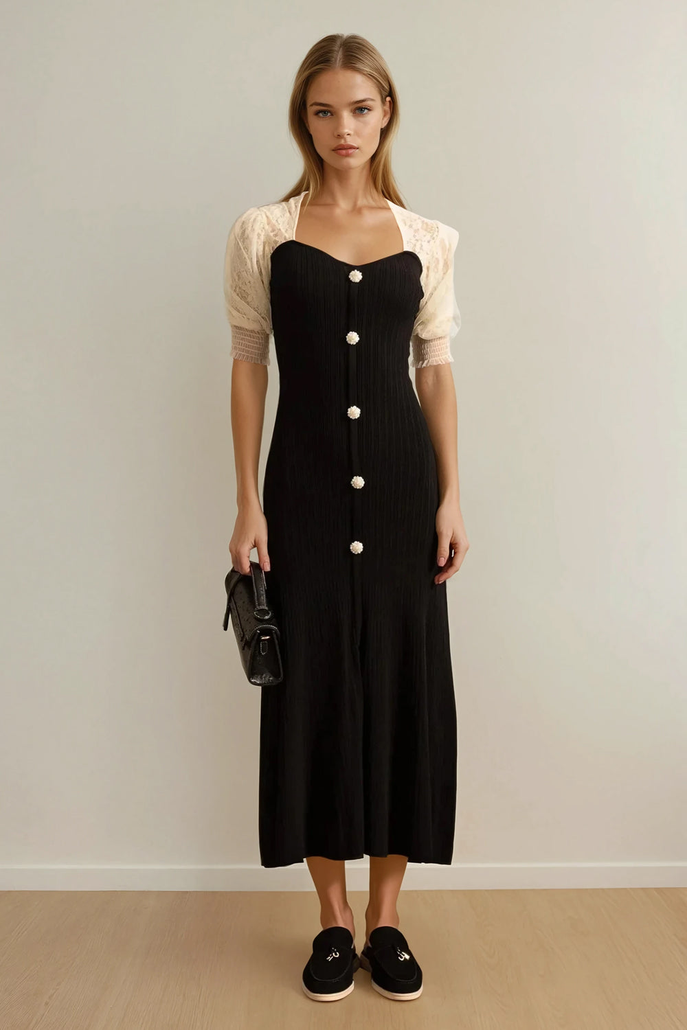 Midi Dress with Puff Sleeves and Decorative Front Buttons - Black