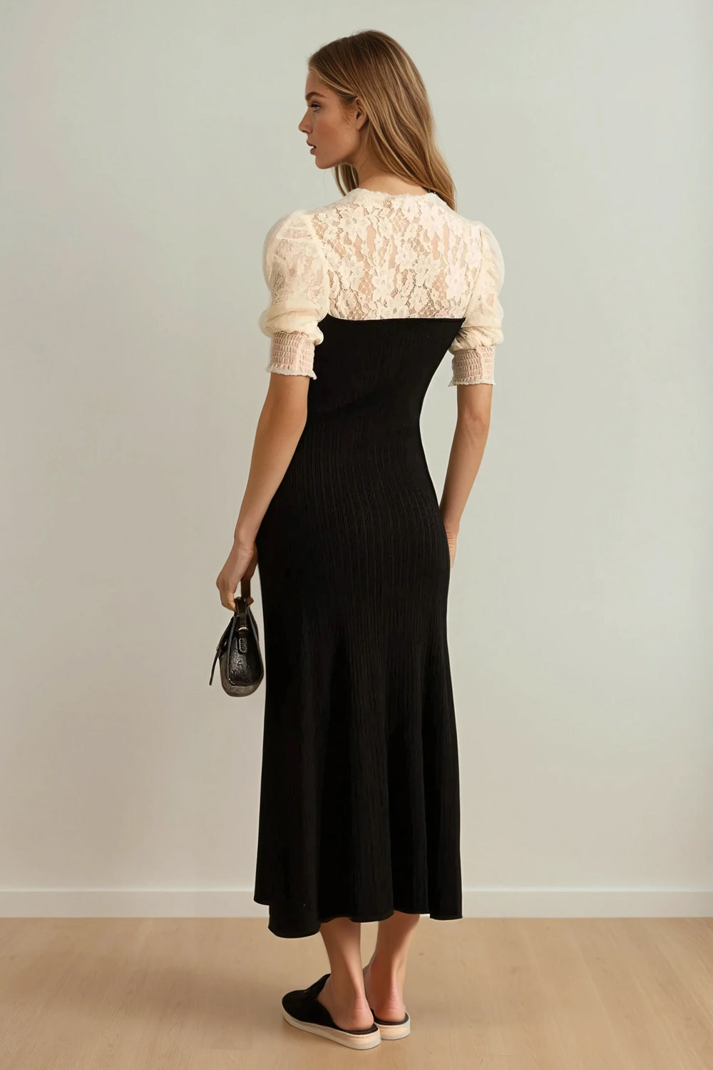 Midi Dress with Puff Sleeves and Decorative Front Buttons - Black