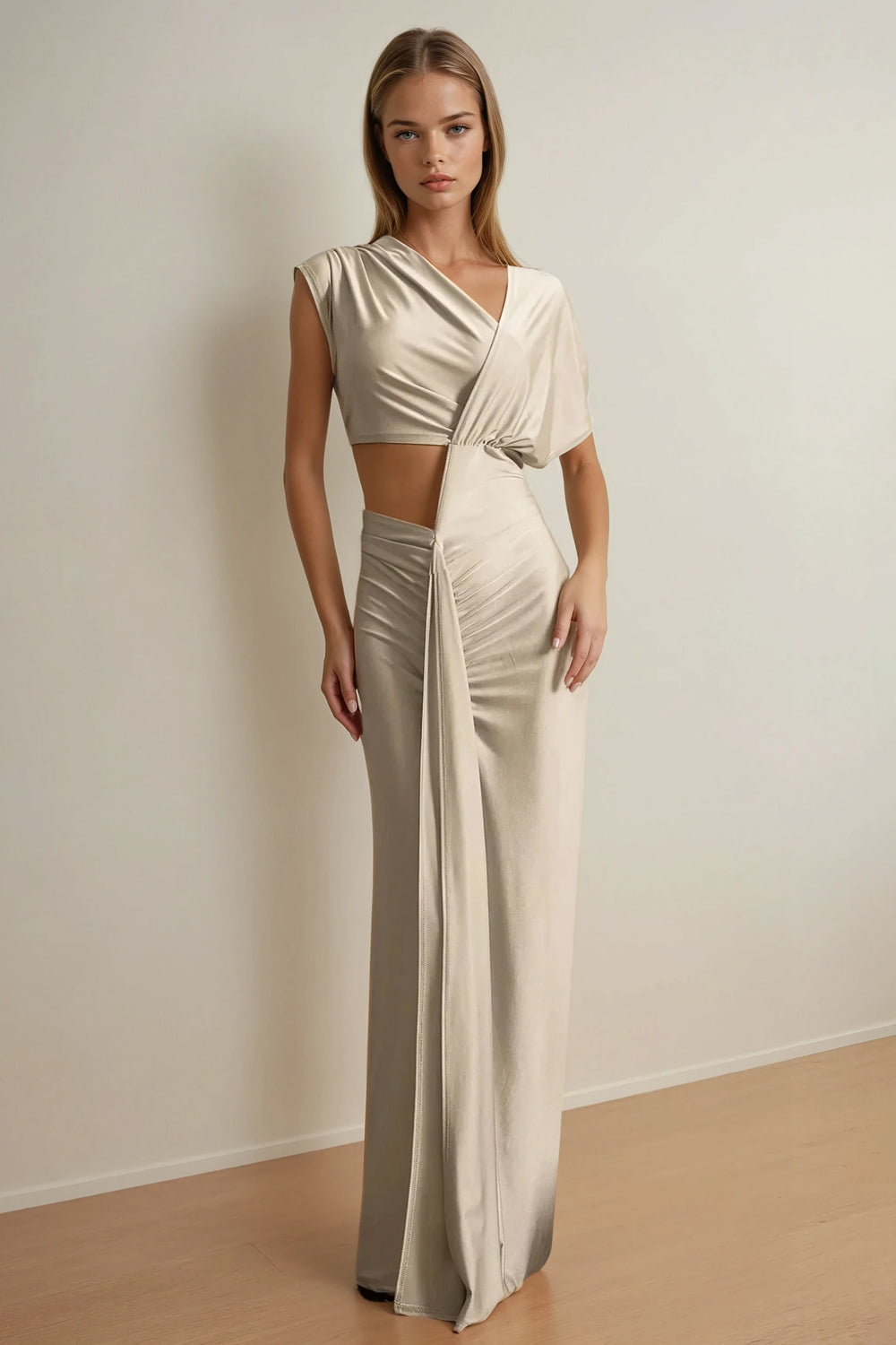 Maxi Dress with Draped Top and Ruched Cut-Out Waist - Silver