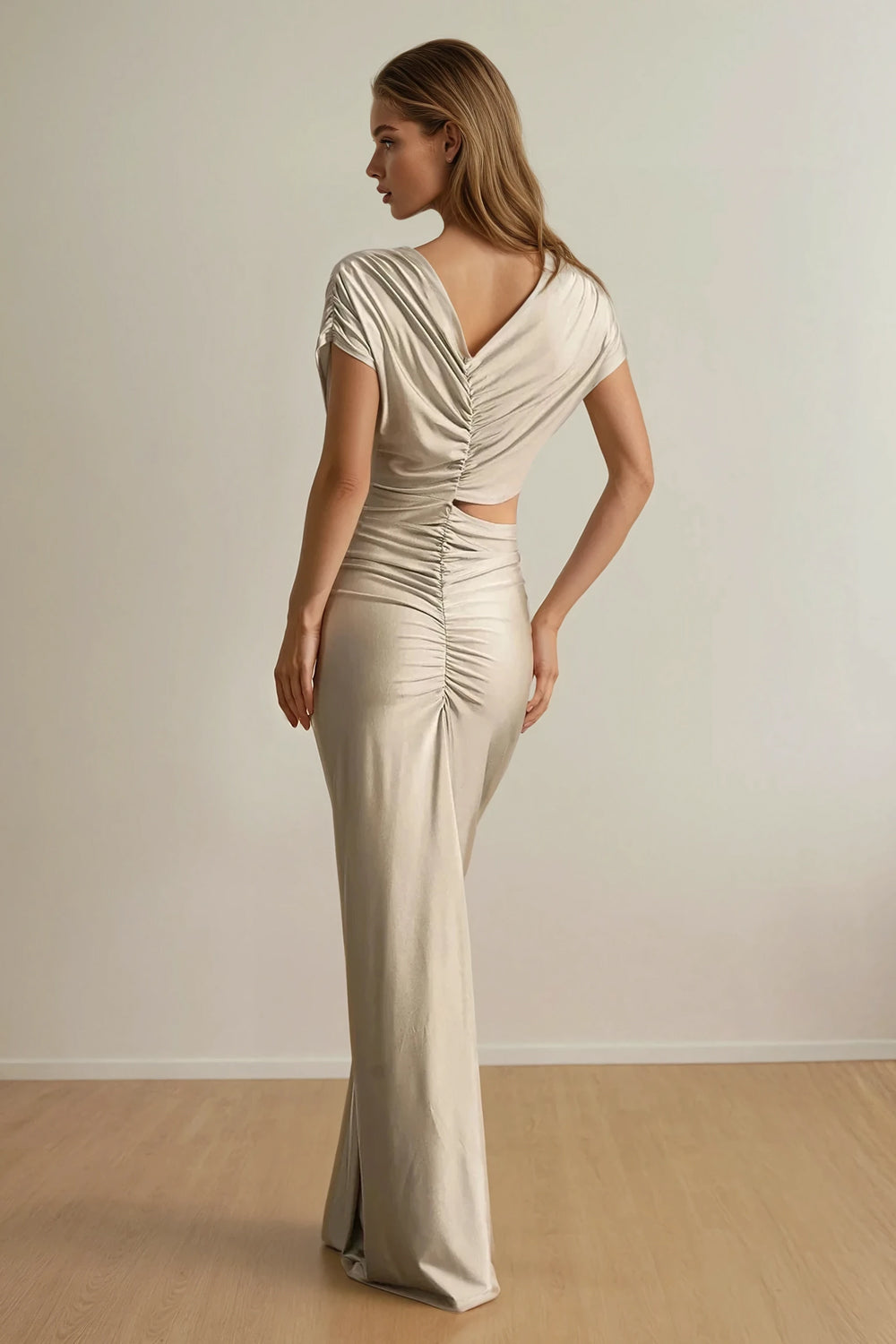 Maxi Dress with Draped Top and Ruched Cut-Out Waist - Silver