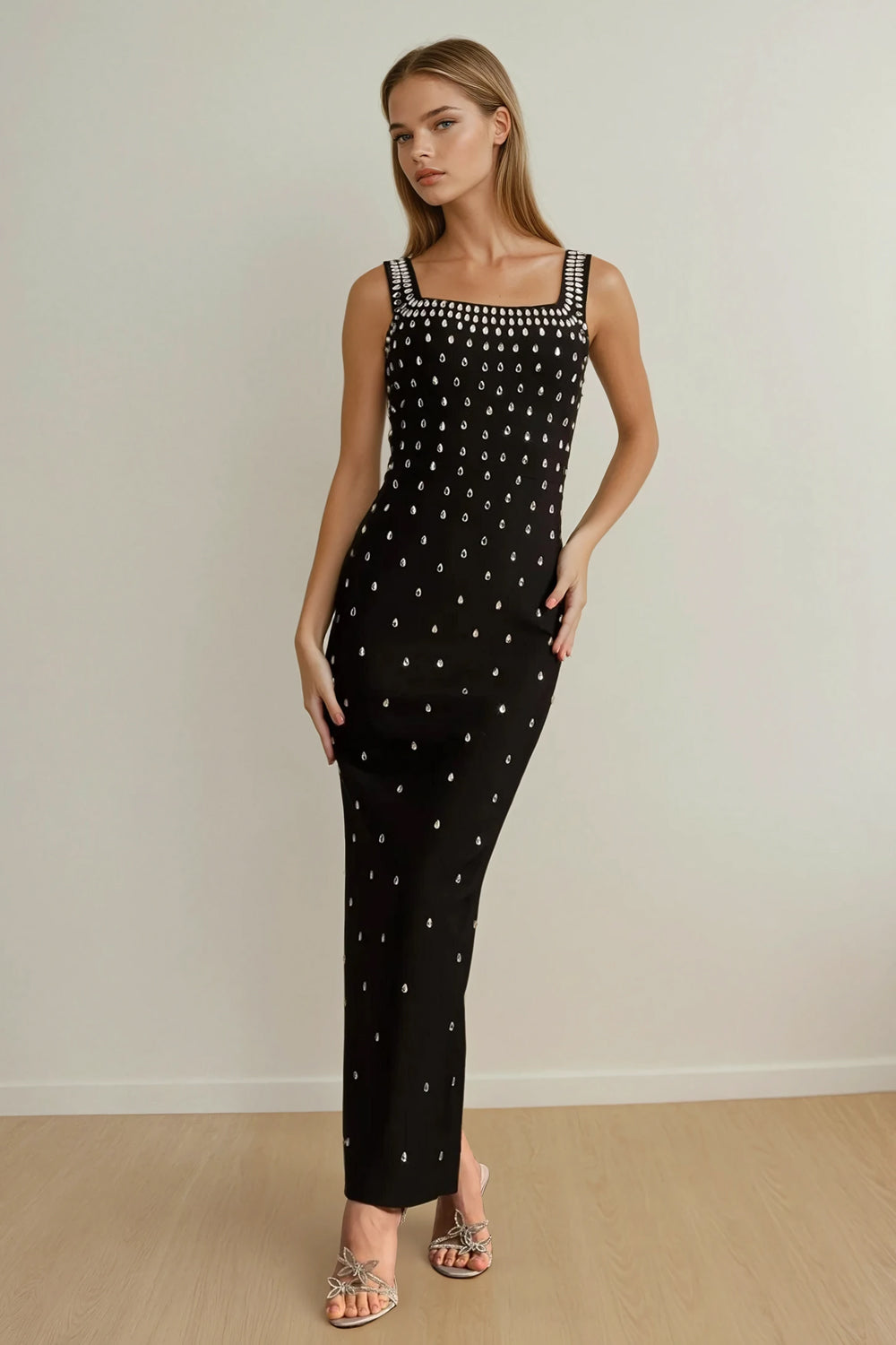 Maxi Dress with Square Neckline and Stud Detail - Black