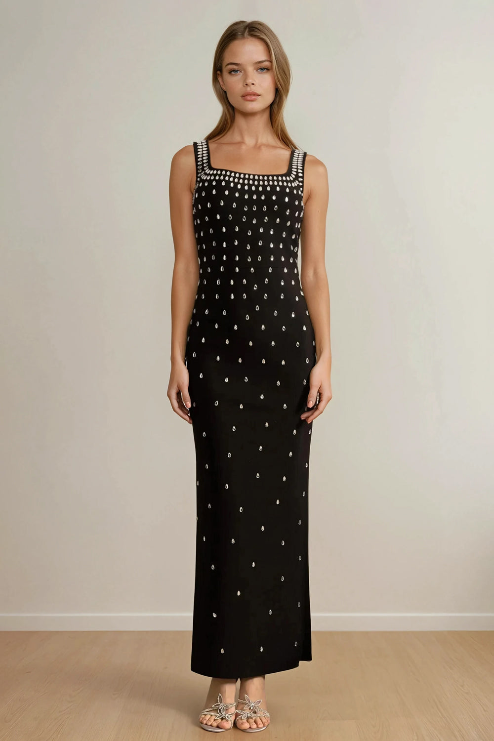 Maxi Dress with Square Neckline and Stud Detail - Black