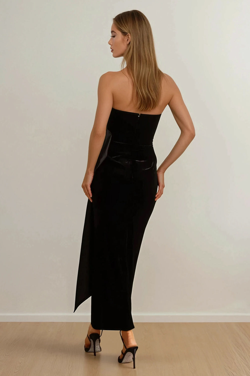 Strapless Midi Dress with Oversized Side Bow Detail - Black