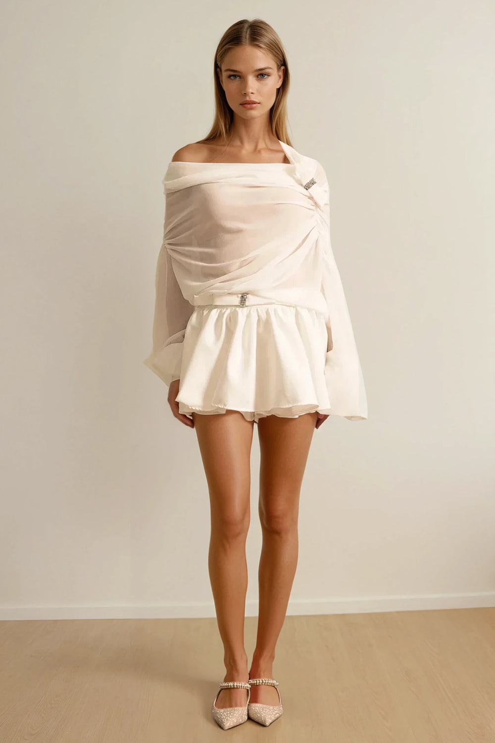 Mini Dress with Draped Off-Shoulder Top and Pleated Skirt - White