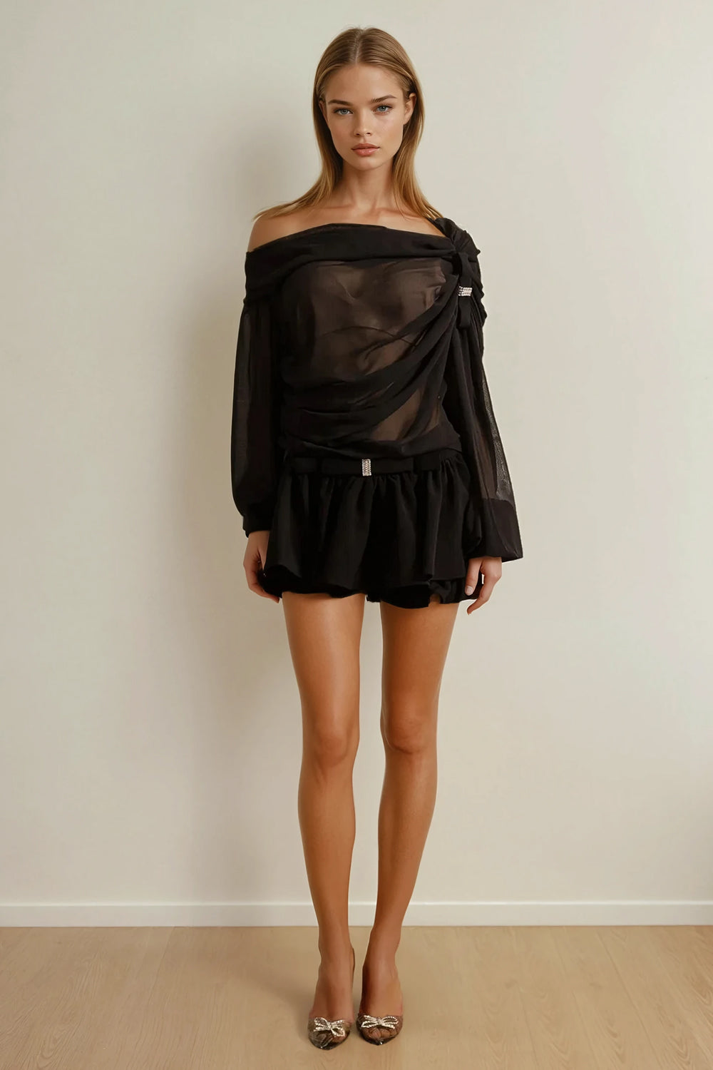 Mini Dress with Draped Off-Shoulder Top and Pleated Skirt - Black