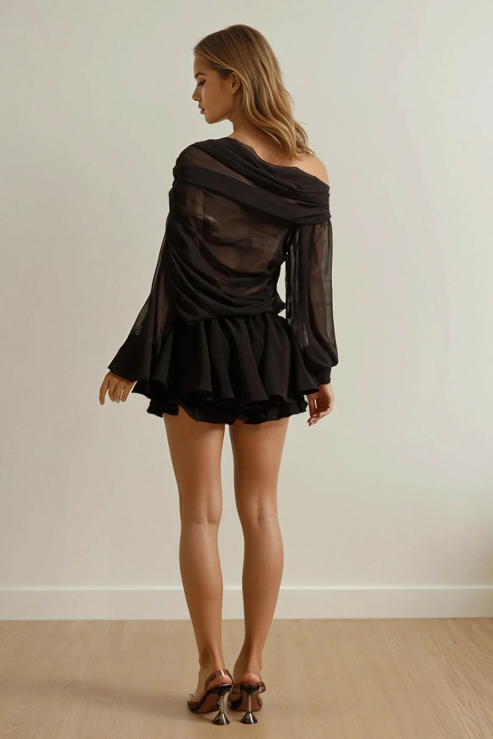 Mini Dress with Draped Off-Shoulder Top and Pleated Skirt - Black