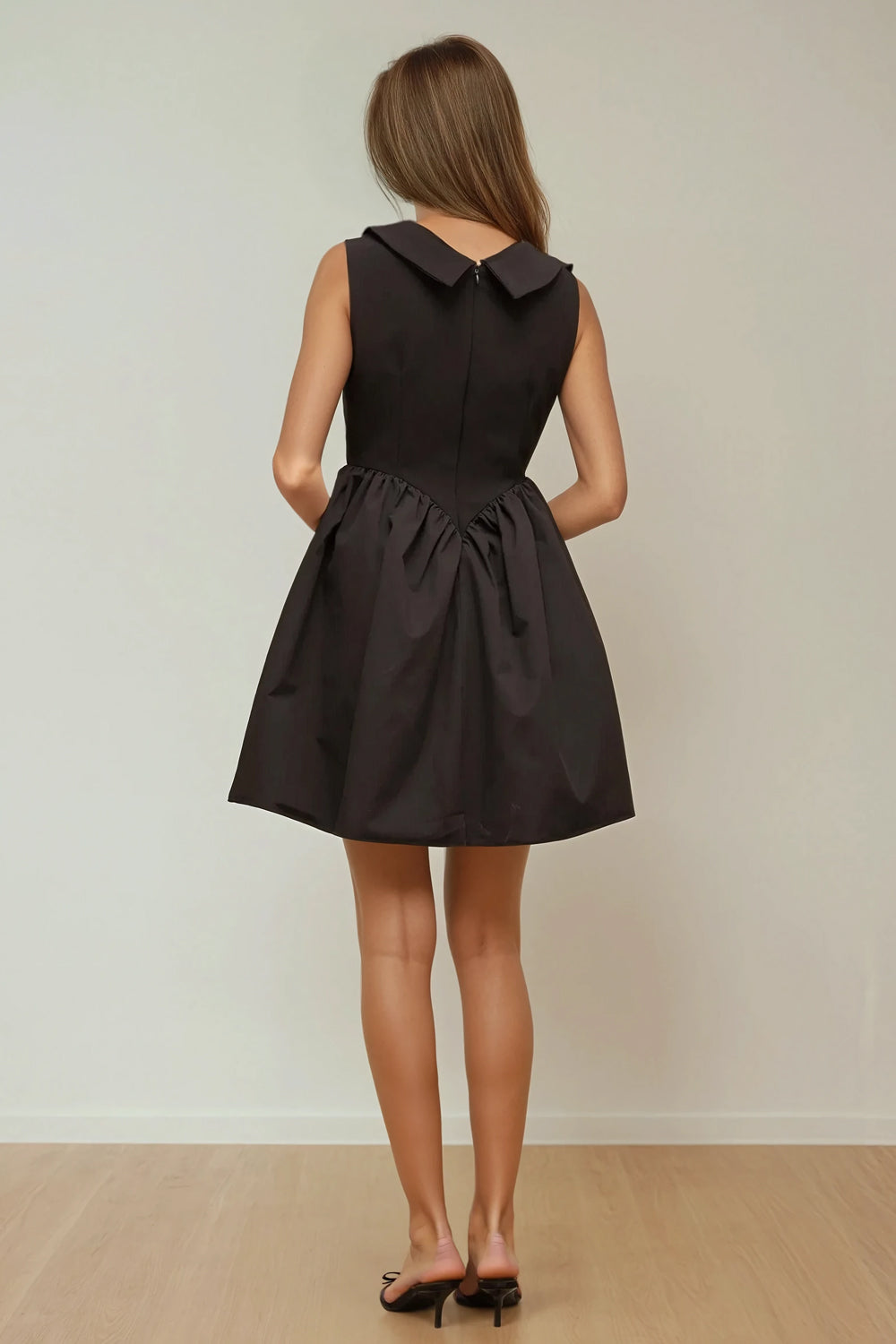 Mini Dress with Oversized Collar and Pleated Skirt - Black