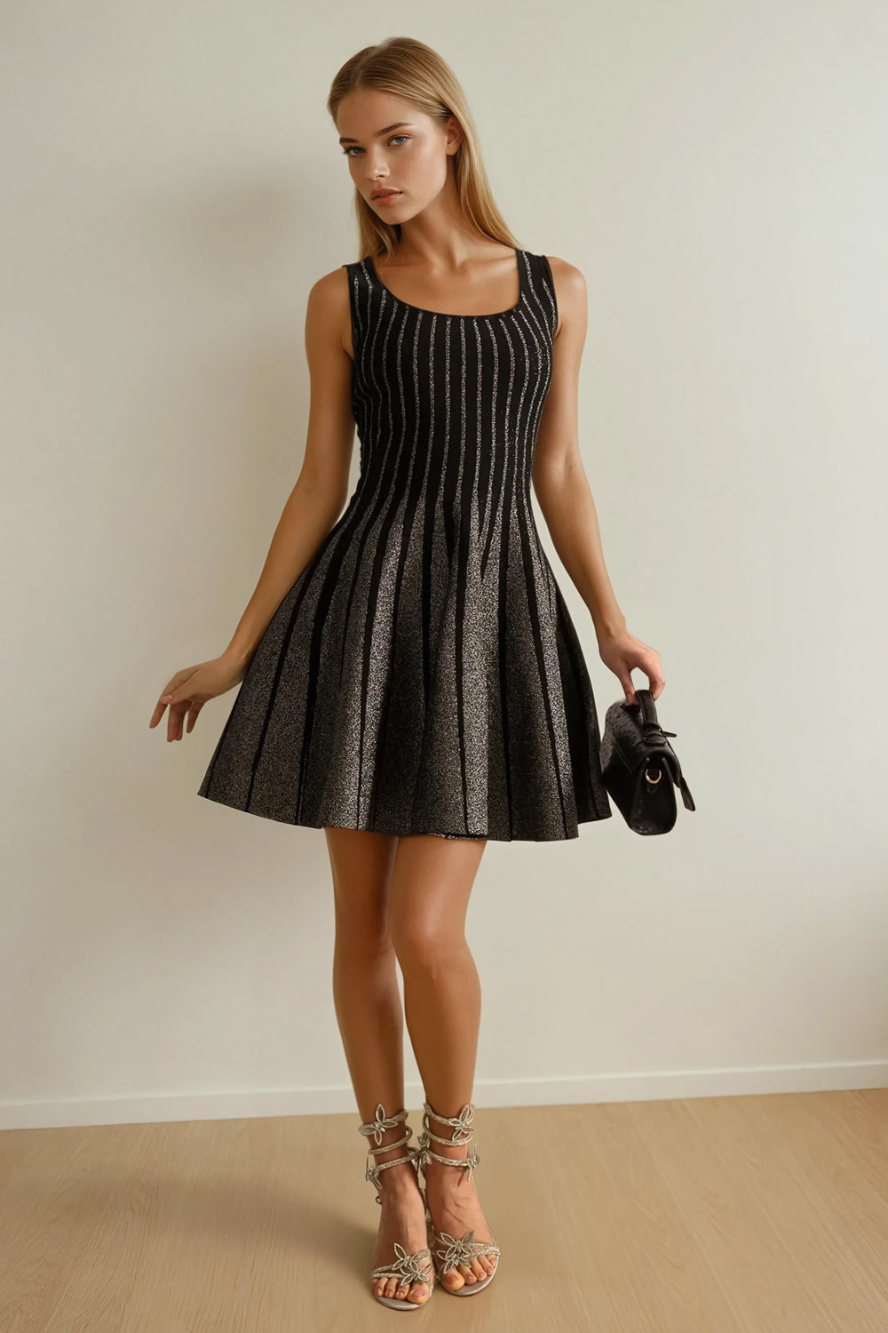 Mini Dress with Vertical Stripes and Glitter Gradient Skirt - Gray