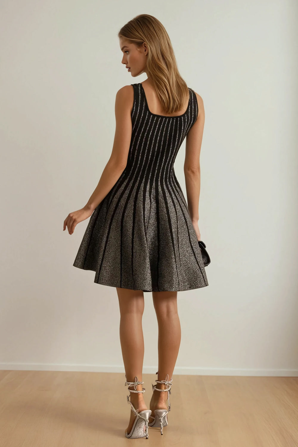 Mini Dress with Vertical Stripes and Glitter Gradient Skirt - Gray