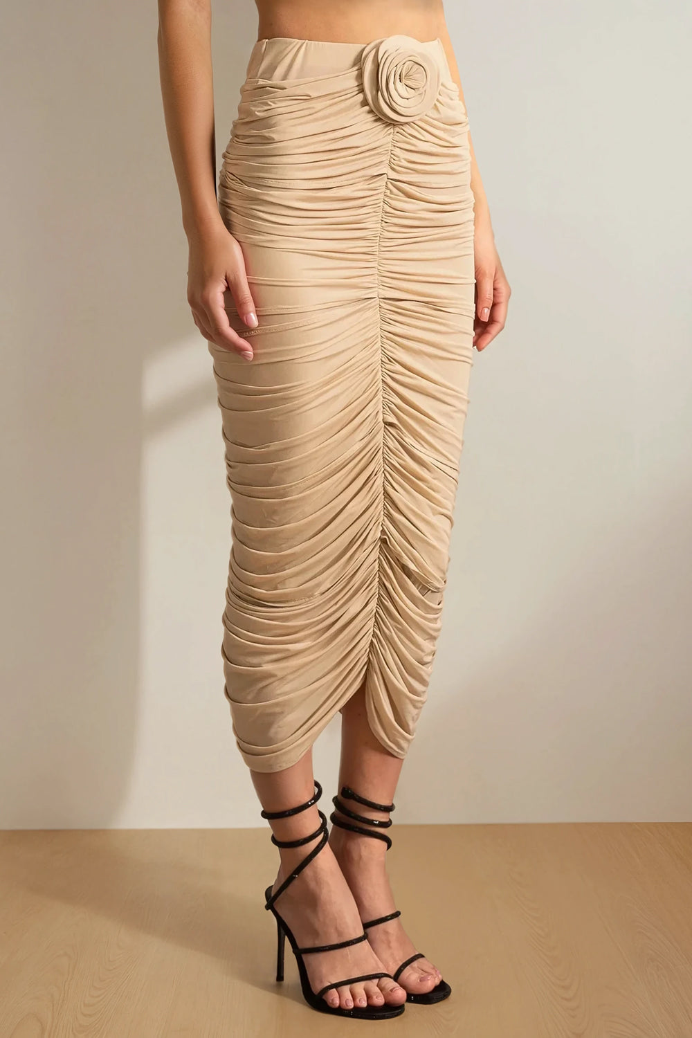 Ruched Midi Skirt with Sheer Panels and 3D Floral Waist - White