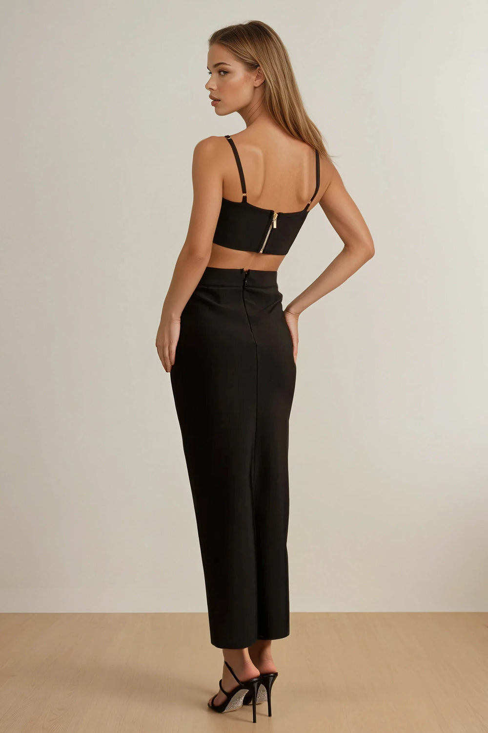 Two-Piece Set with Floral Strap Top and Fitted Maxi Skirt - Green