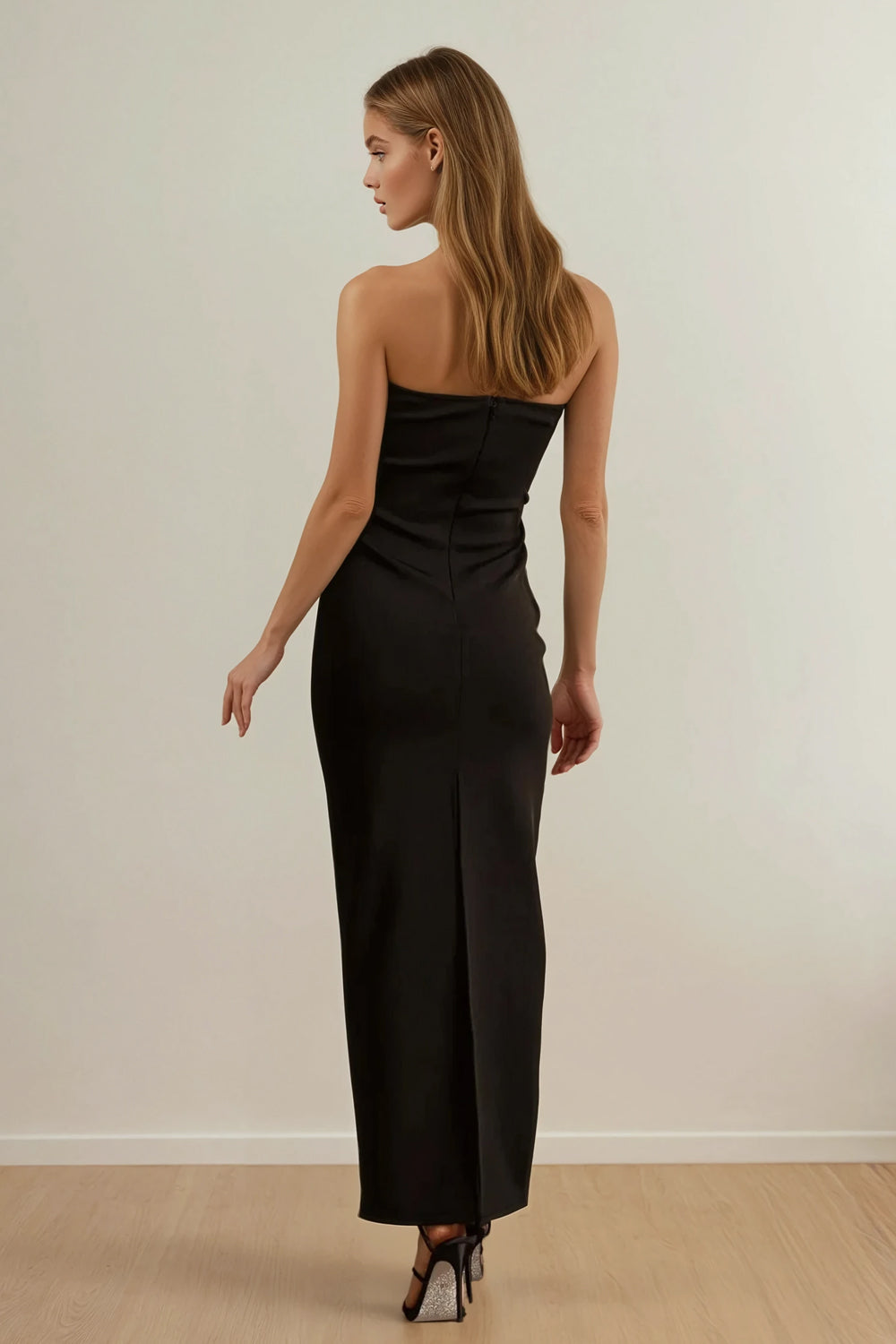Strapless Bodycon Maxi Dress with Deep Notched Neckline - Black