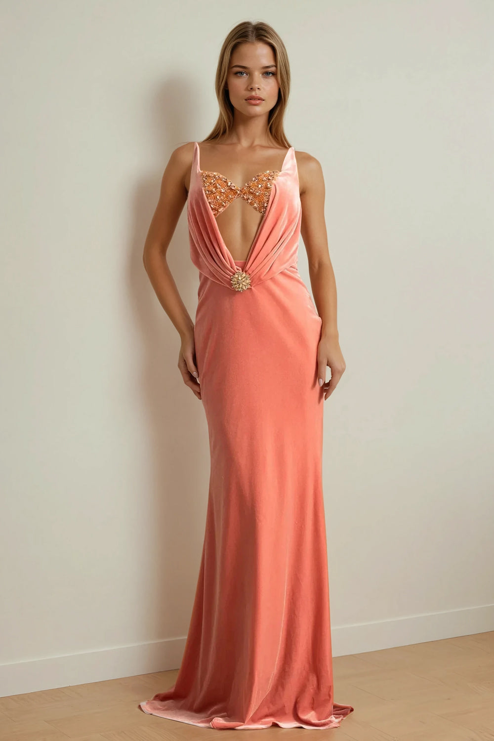 Maxi Dress with Draped Bodice and Crystal-Embellished Bust - Pink