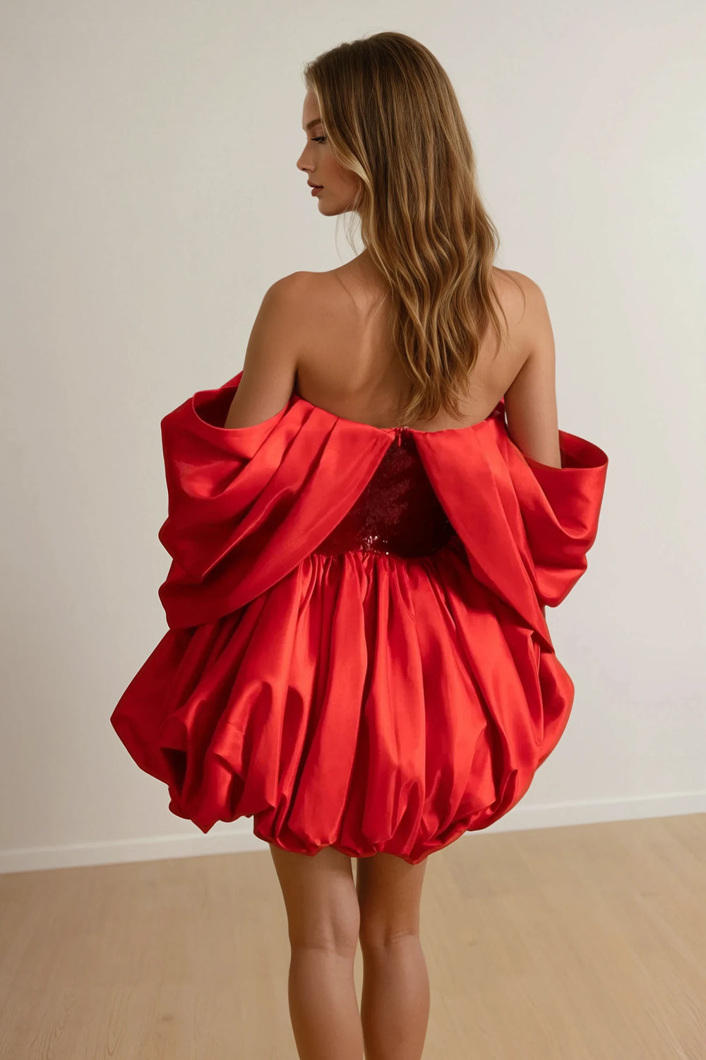 Mini Dress with Draped Sleeves and Sequin Bodice - Red