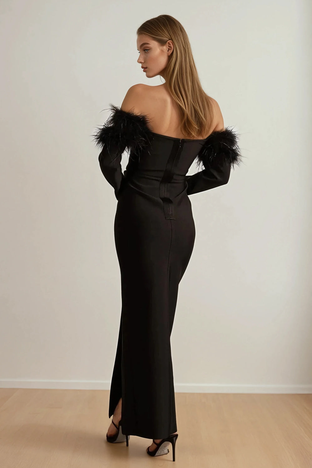 Embellished Off-Shoulder Maxi Dress with Feather Trim - Black