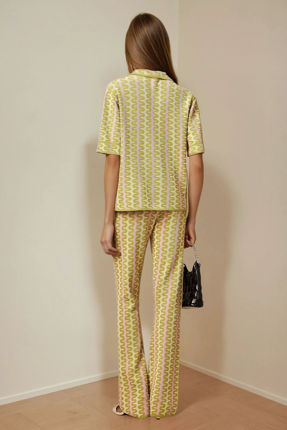 Two-Piece Set with Short Sleeve Button Top and Straight-Leg Pants - Green