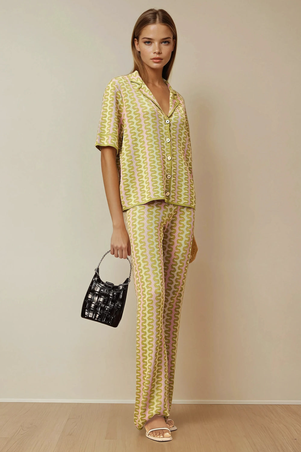 Two-Piece Set with Short Sleeve Button Top and Straight-Leg Pants - Green