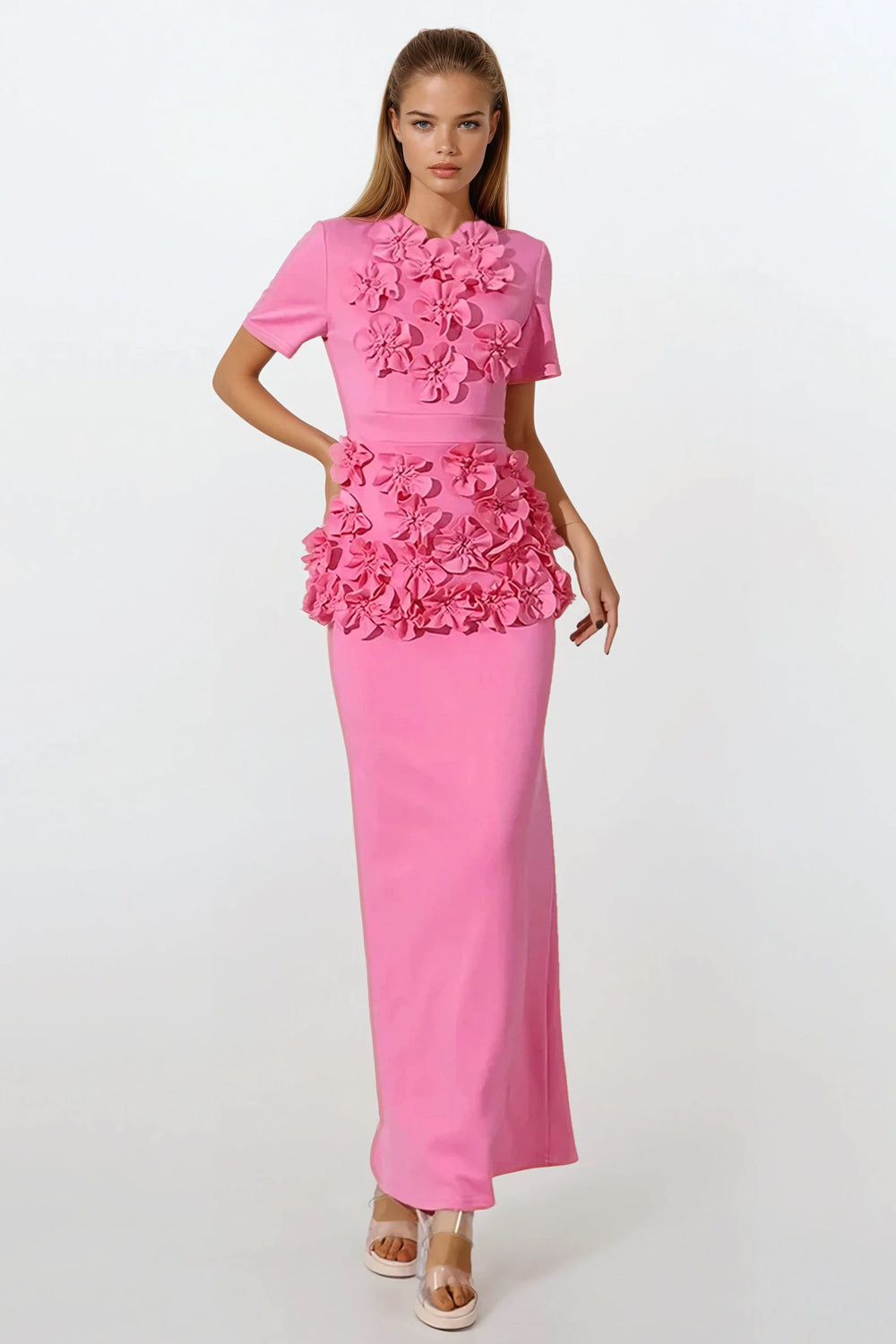 Short Sleeve Maxi Dress with 3D Floral Front Detailing - Pink
