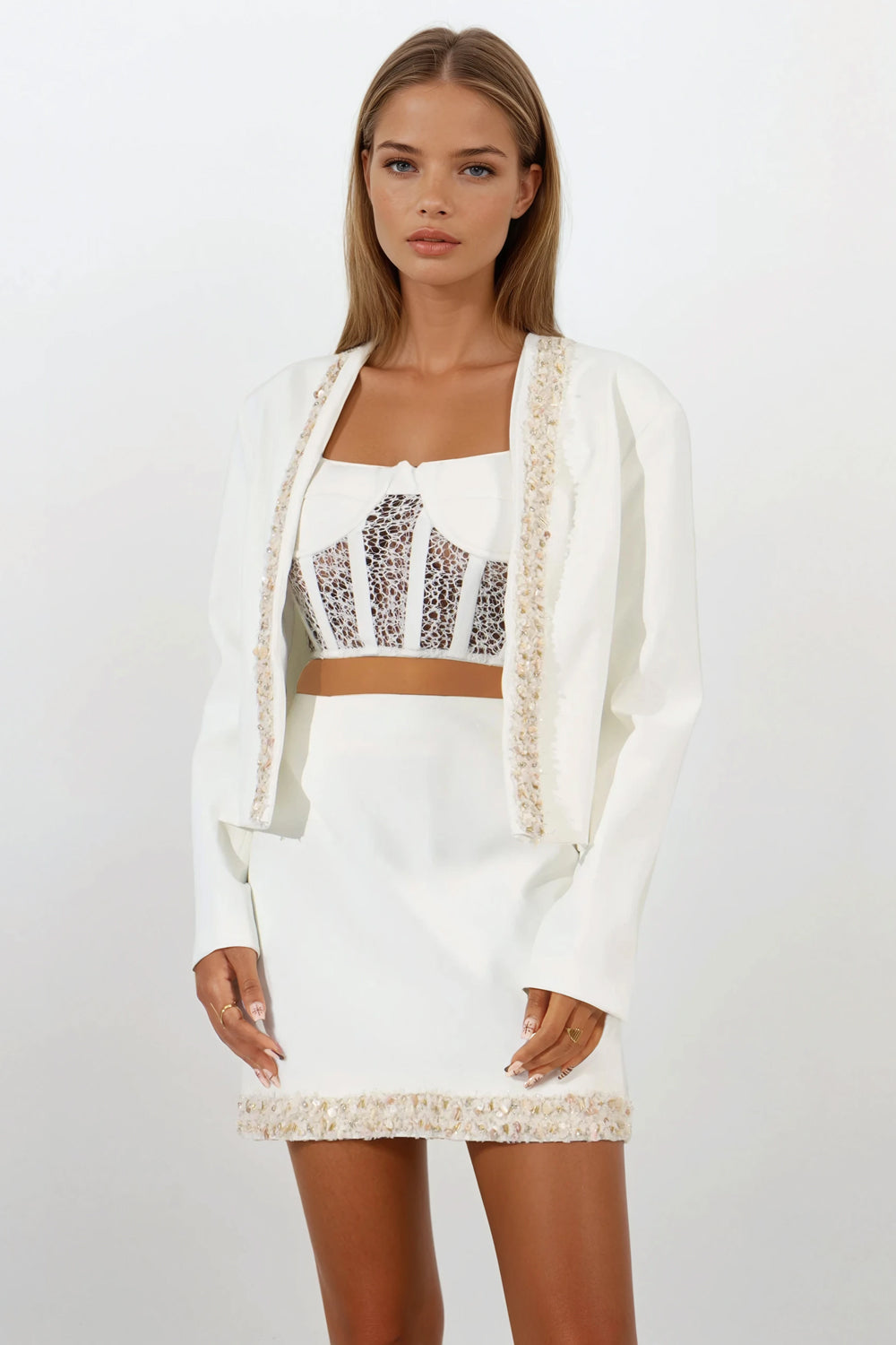 Three-Piece Set with Trimmed Jacket Corset Top and Mini Skirt - White