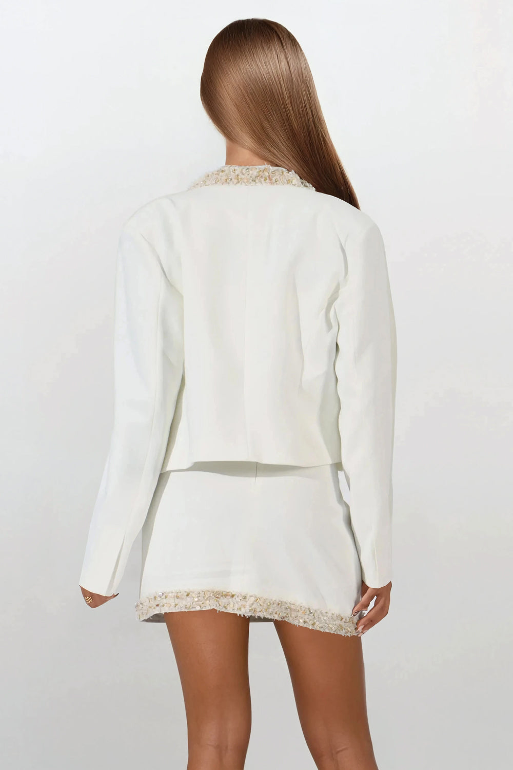 Three-Piece Set with Trimmed Jacket Corset Top and Mini Skirt - White