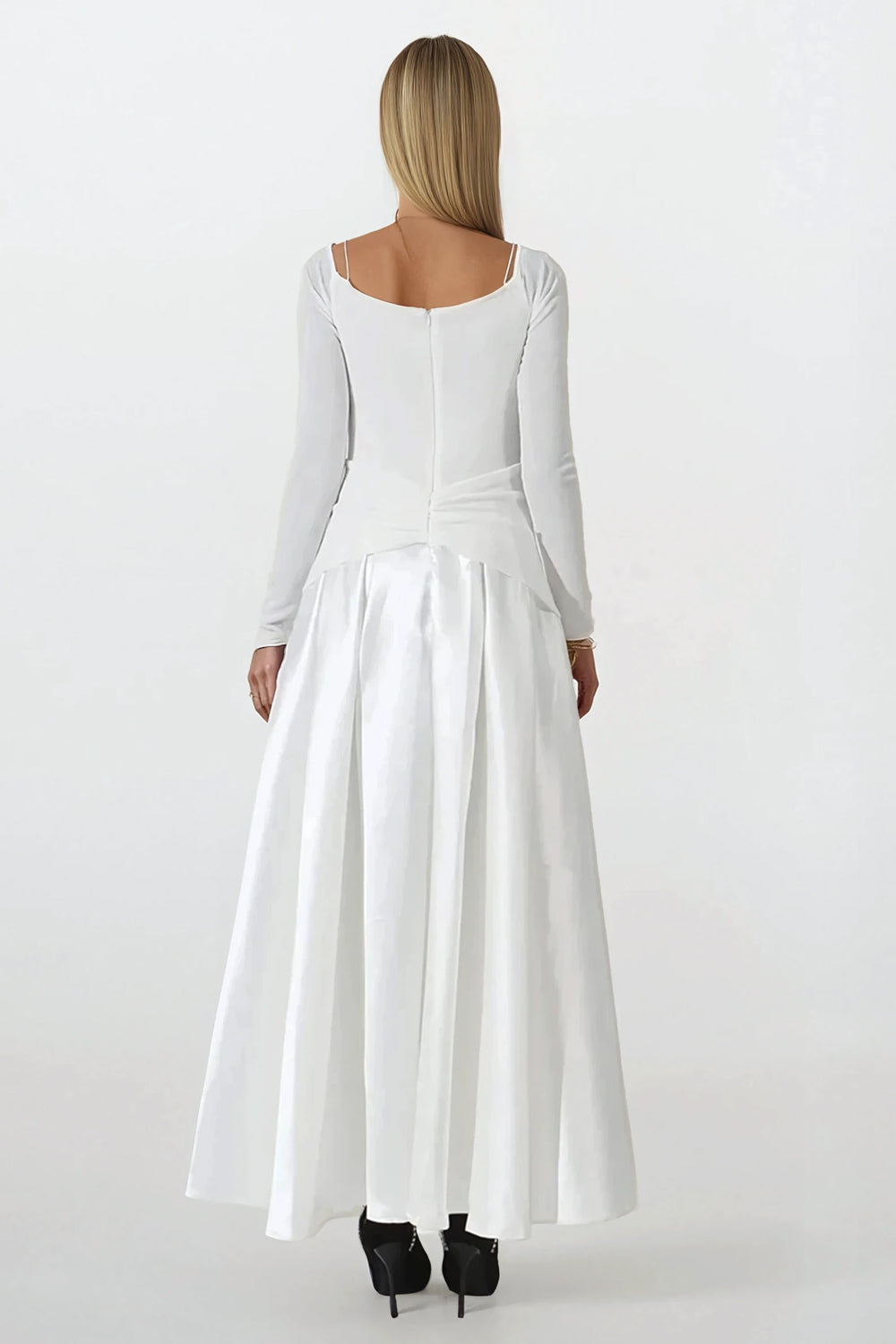 Off-Shoulder Maxi Dress with Gold Accents and Flared Skirt - White