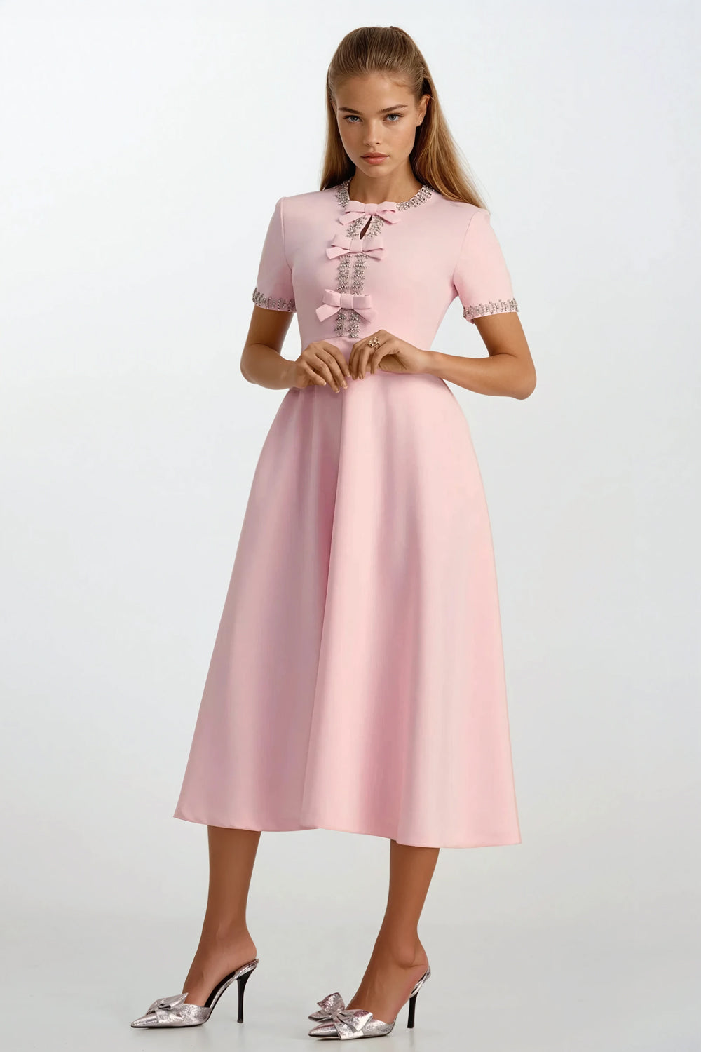 Midi Dress with Embellished Trim and Bow Details - Pink