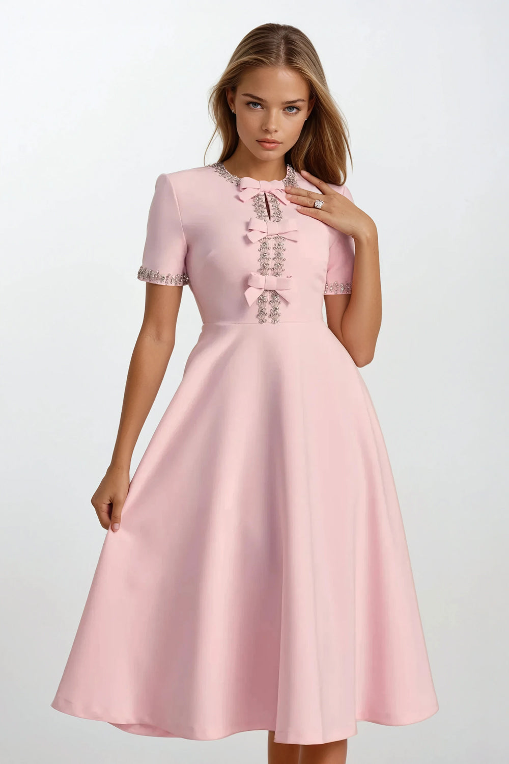 Midi Dress with Embellished Trim and Bow Details - Pink