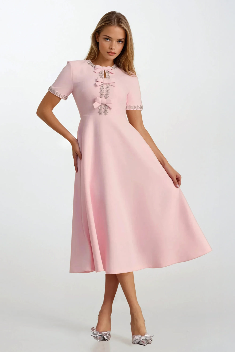 Midi Dress with Embellished Trim and Bow Details - Pink