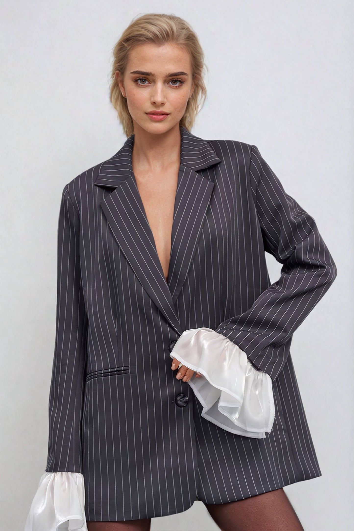 Pinstripe Oversized Blazer with Layered Cuff Detail - Gray