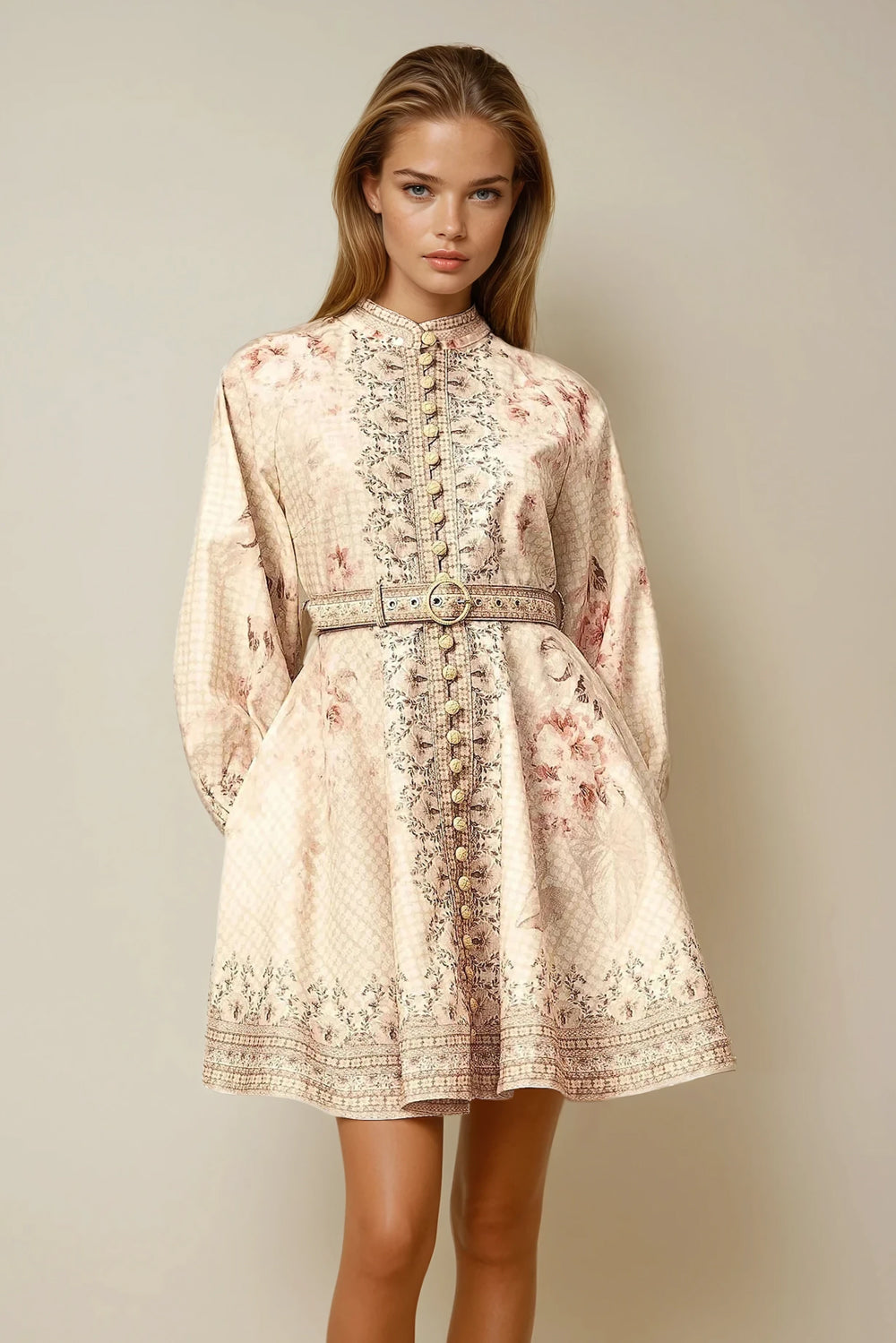 Button-Front Longsleeves Belted Mini Dress - Apricot