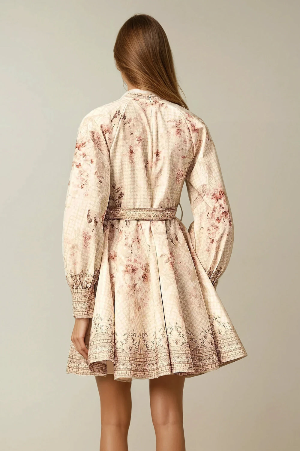 Button-Front Longsleeves Belted Mini Dress - Apricot