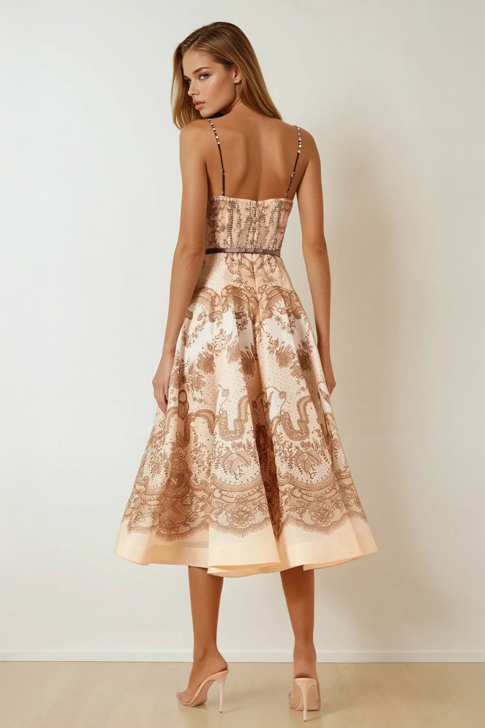 Midi Dress with Cut-Out Front and Printed Full Skirt - Brown