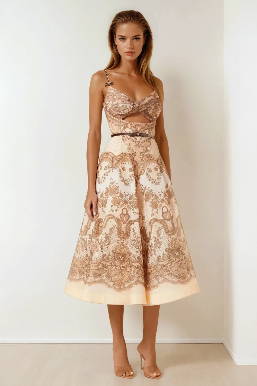 Midi Dress with Cut-Out Front and Printed Full Skirt - Brown