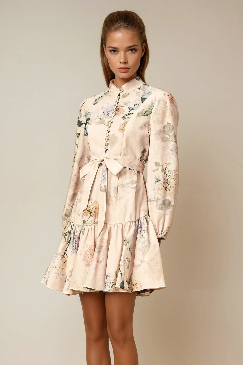 Mini Dress with Floral Print and Tiered Hem - Pink