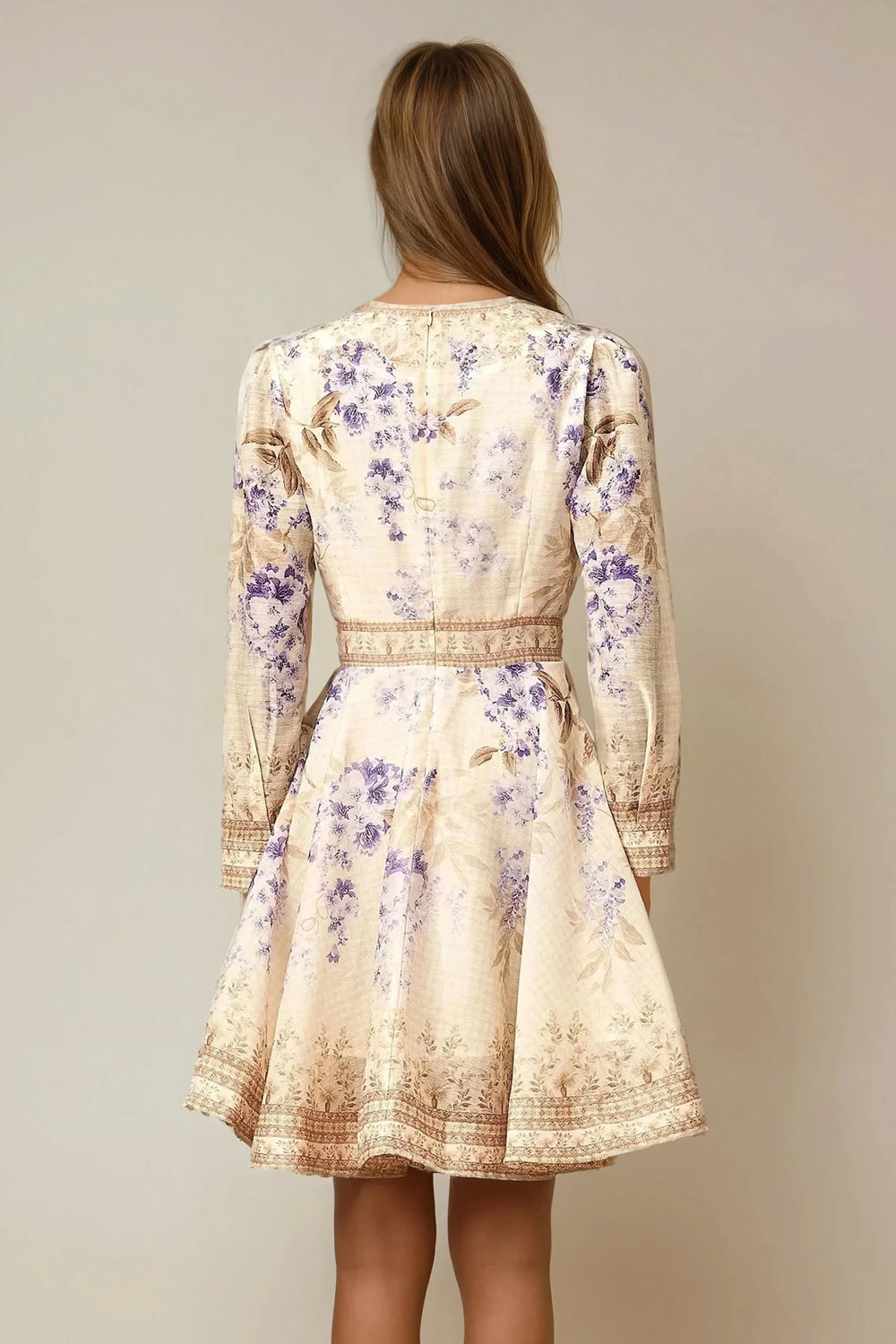 Long Sleeve Mini Dress with Deep V-Neck and Border Print - Beige