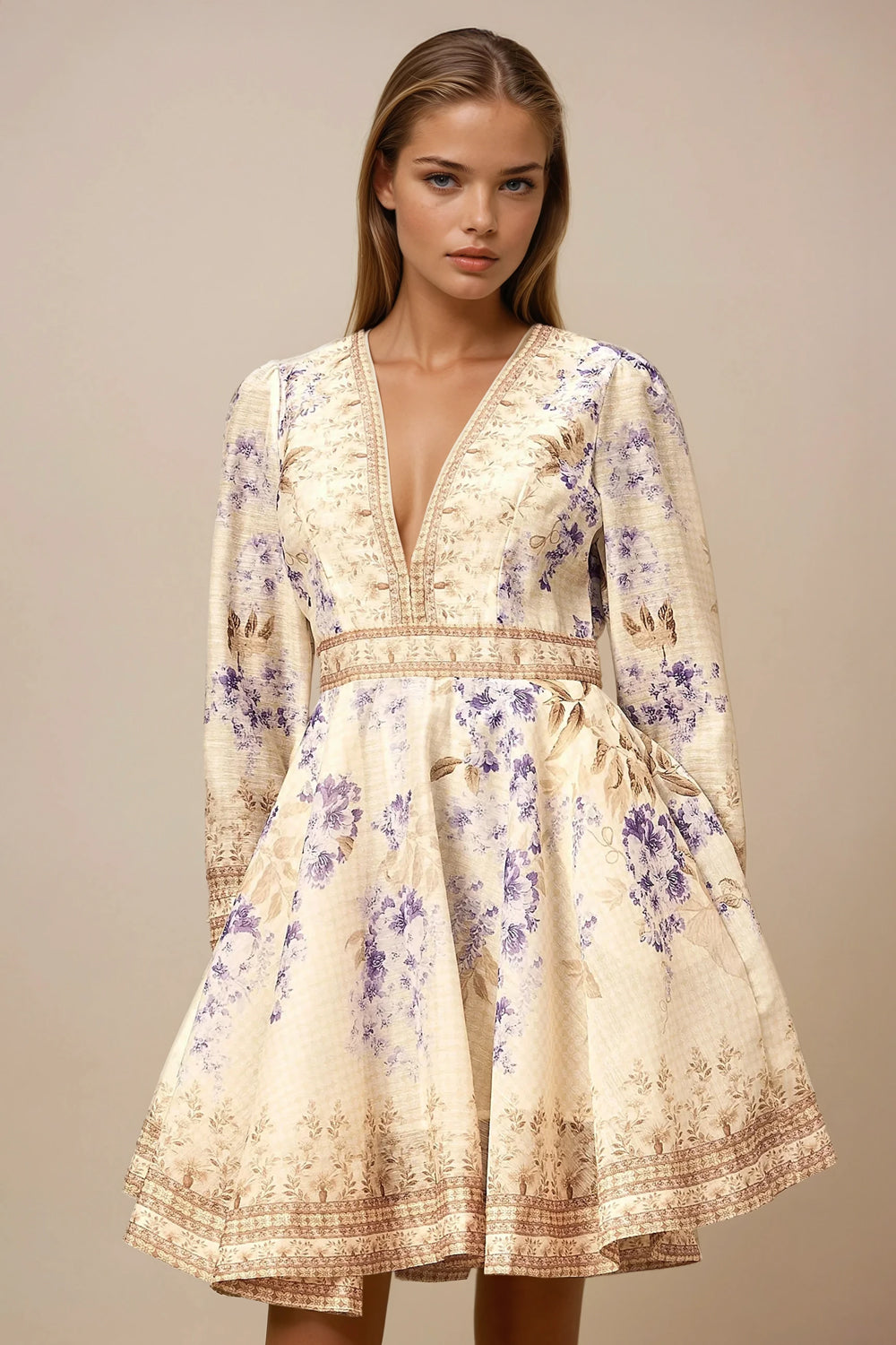 Long Sleeve Mini Dress with Deep V-Neck and Border Print - Beige