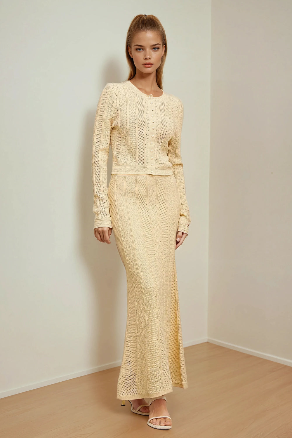 Two-Piece Set with Long Sleeve Top and Matching Maxi Skirt - Light Yellow
