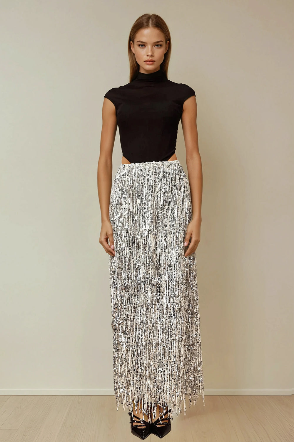 Maxi Skirt with Beaded Fringe Detailing - Silver