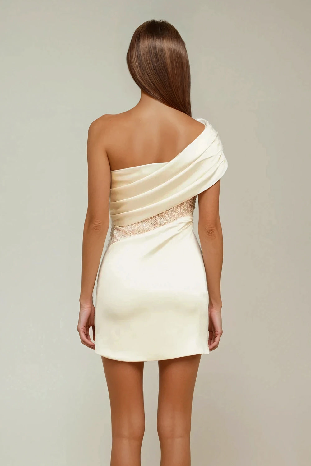 Asymmetrical Drape Mini Dress with Lace Waist and Side Ruffle - White