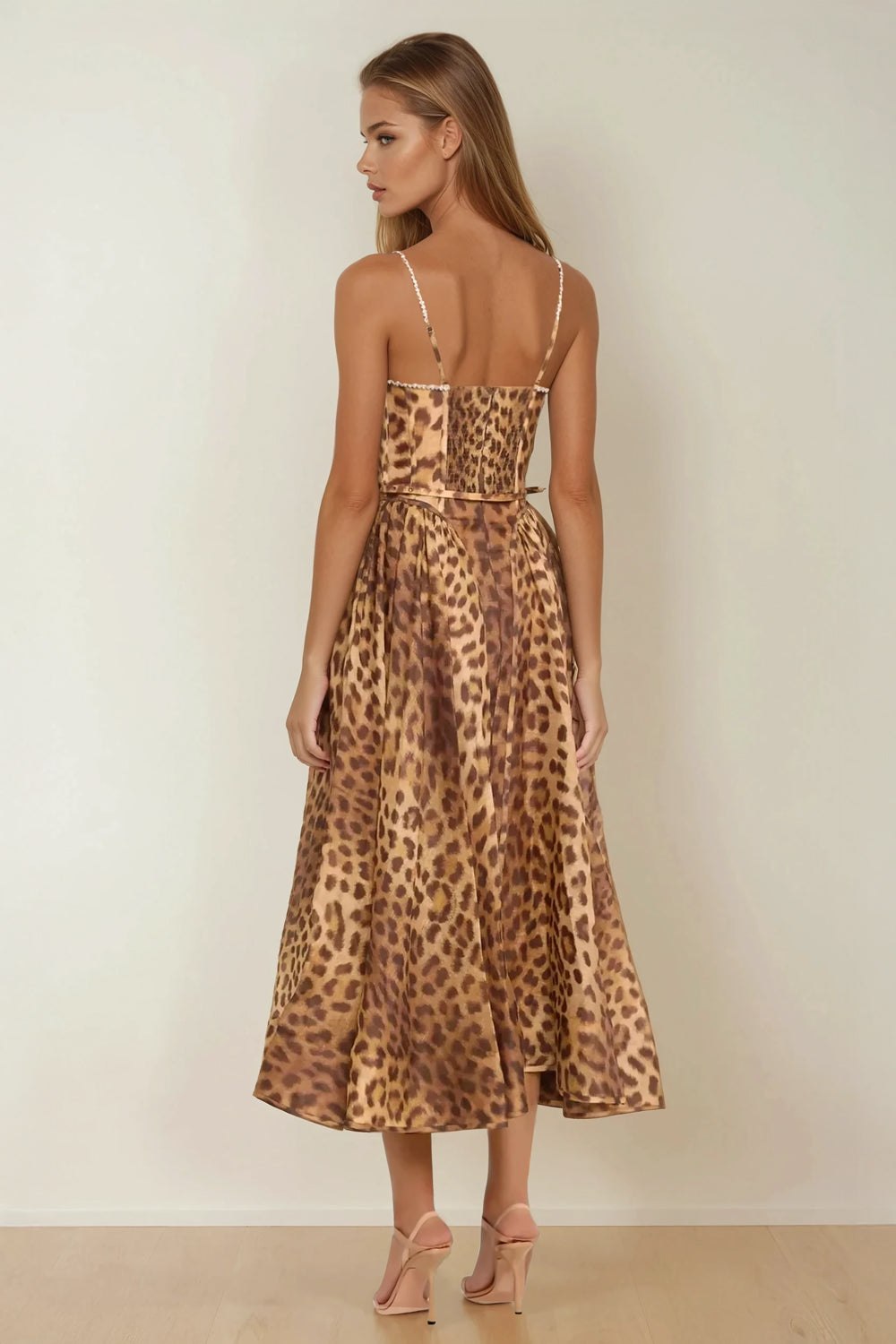 Midi Dress with Structured Bustier and Allover Animal Print - Brown