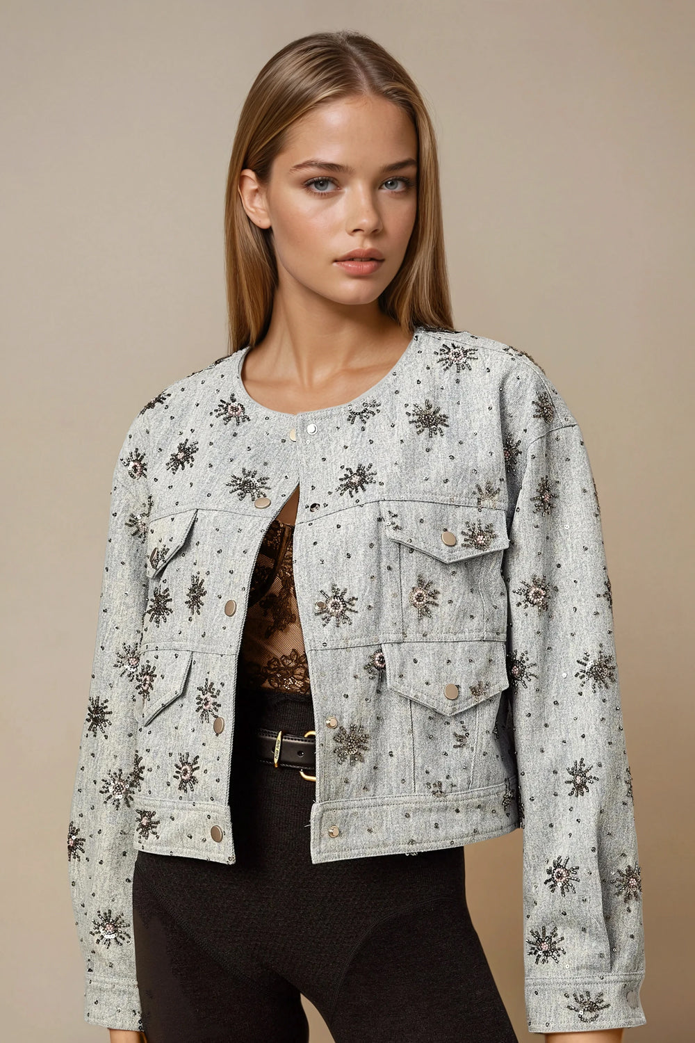 Cropped Jacket with Embellished Star Pattern - Blue