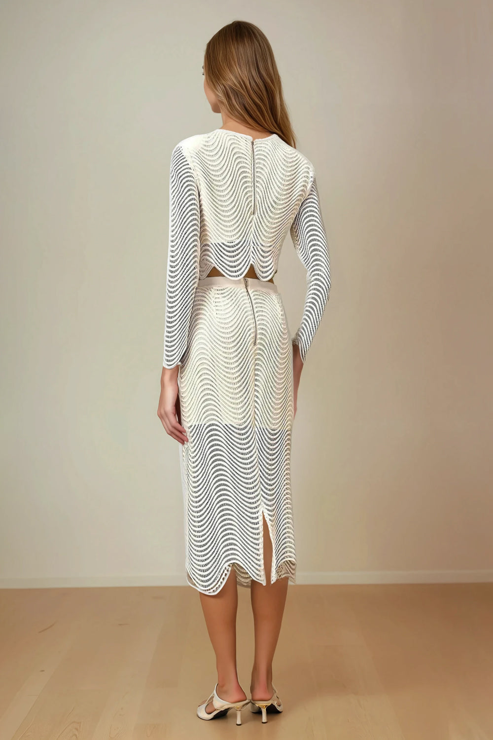 Two-Piece Set with Long Sleeve Crop Top and Fitted Midi Skirt - White