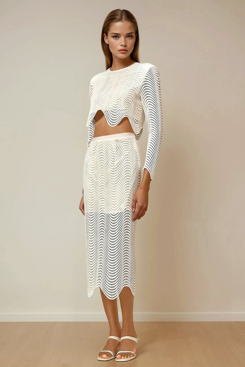 Two-Piece Set with Long Sleeve Crop Top and Fitted Midi Skirt - White