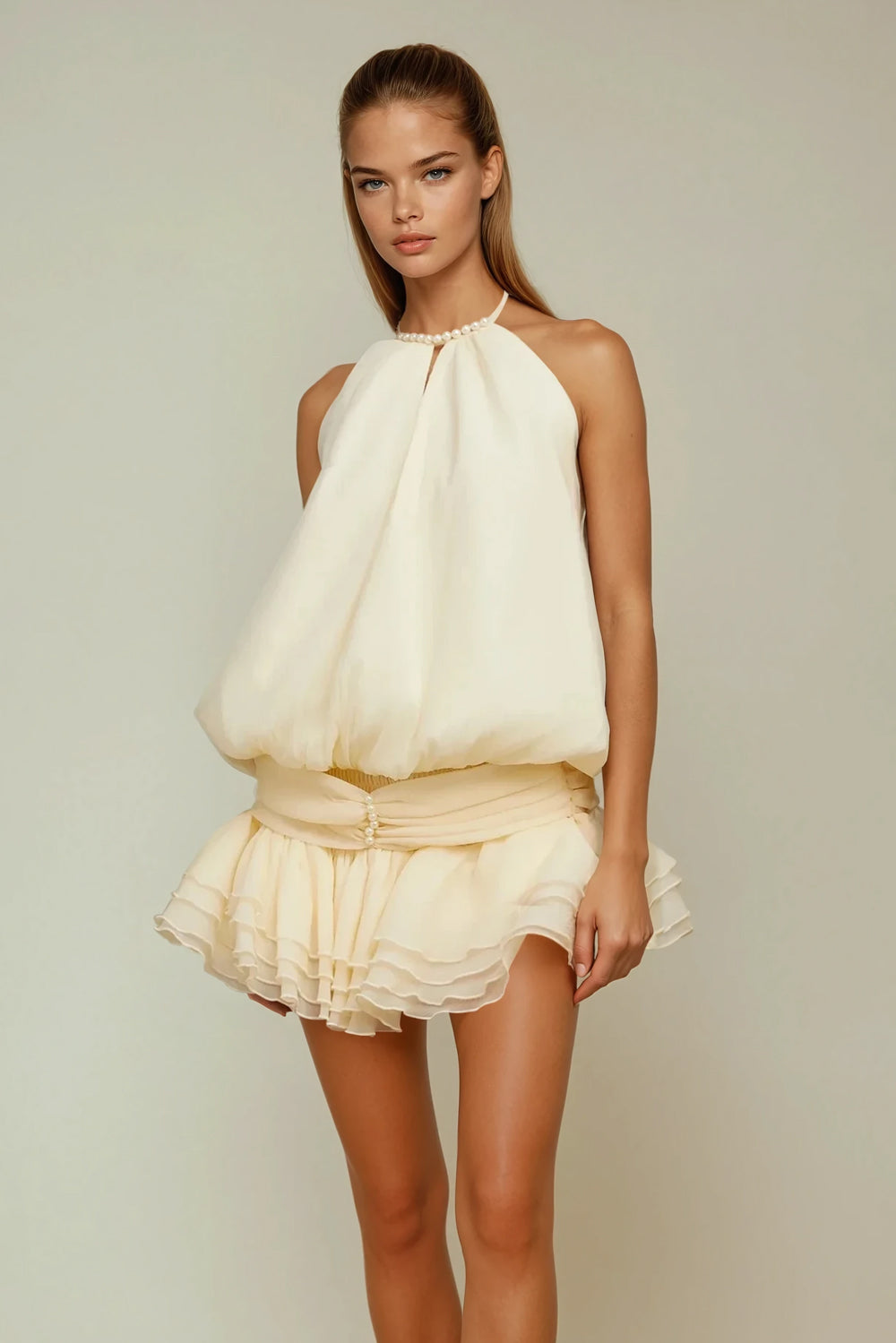 Mini Dress with Halter Neck and Tiered Skirt - Apricot