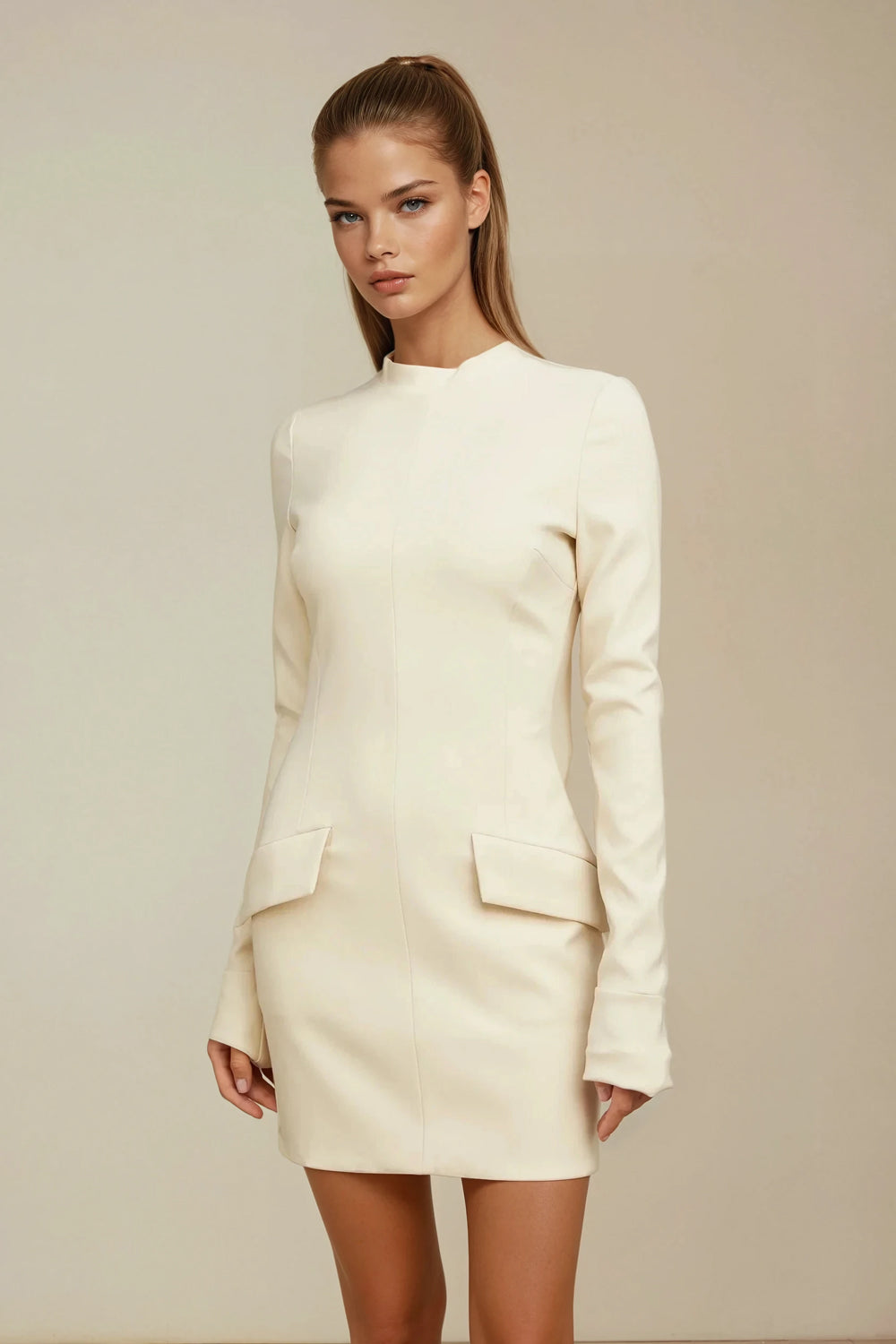 Long Sleeve Mini Dress with Structured Panel Details - Beige