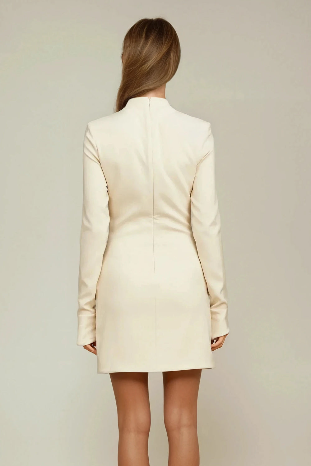 Long Sleeve Mini Dress with Structured Panel Details - Beige