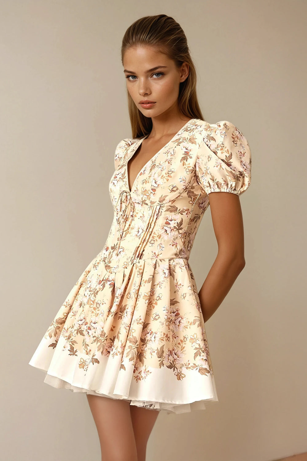 Mini Dress with Puff Sleeves and Flared Skirt - Beige