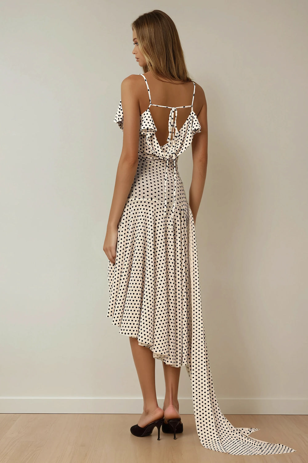 Off-Shoulder Polka Dot Mini Dress with Draped Train - Beige