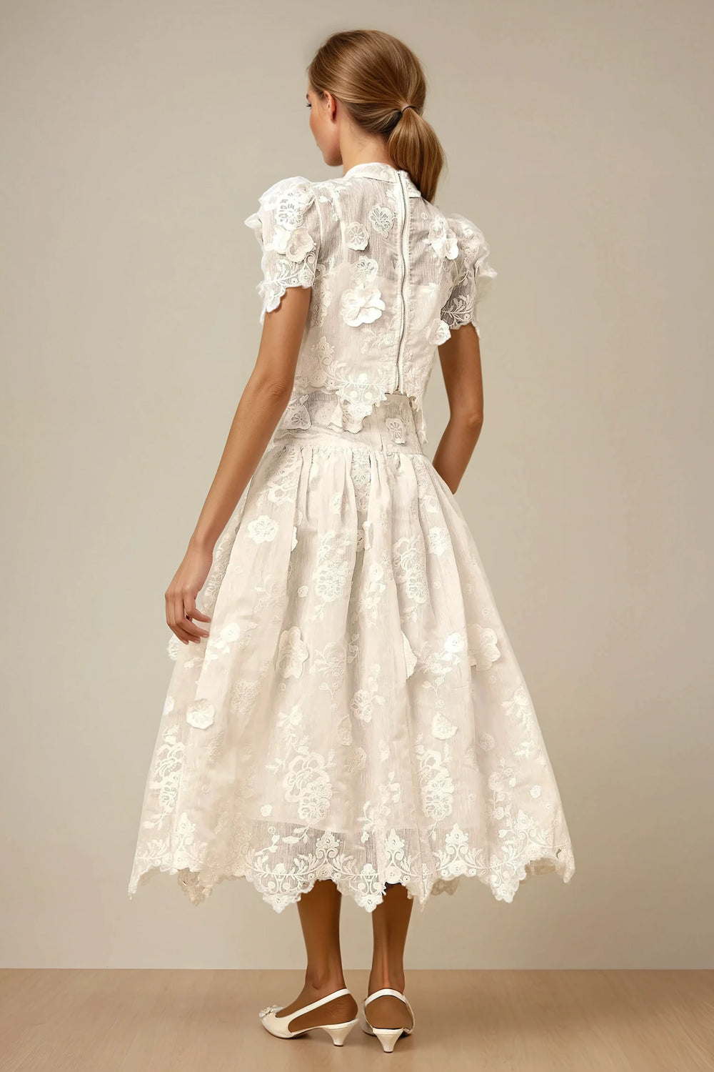 Two-Piece Set with Embroidered Short Sleeve Top and Full Midi Skirt - White